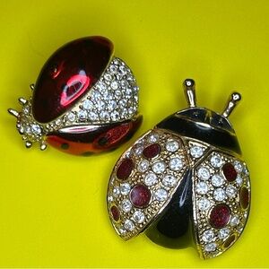 Ladybug vintage brooches with rhinestones. Two for one! ONE is signed by Roman